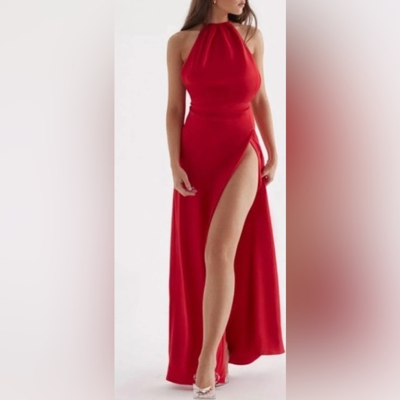 House of CB Dresses & Skirts - House of CB Zanab Halter Thigh-Slit Maxi Dress – Red Rose, Size L NWT Satin